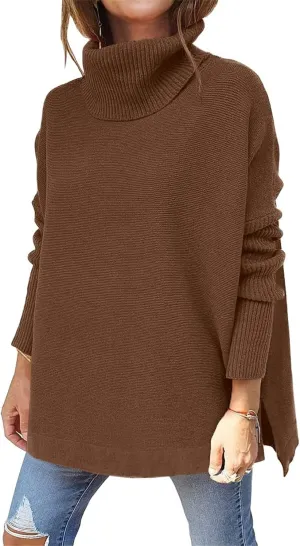 Womens Turtleneck Oversized Sweaters Long Sleeve Tops Spilt Hem Tunic Pullover Sweater Fashion Fall 2024 Knit Tops