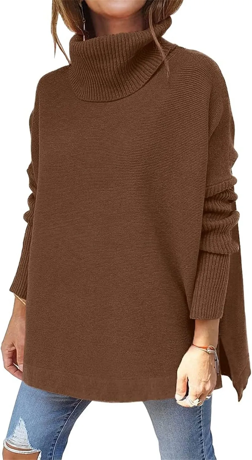 Womens Turtleneck Oversized Sweaters Long Sleeve Tops Spilt Hem Tunic Pullover Sweater Fashion Fall 2024 Knit Tops