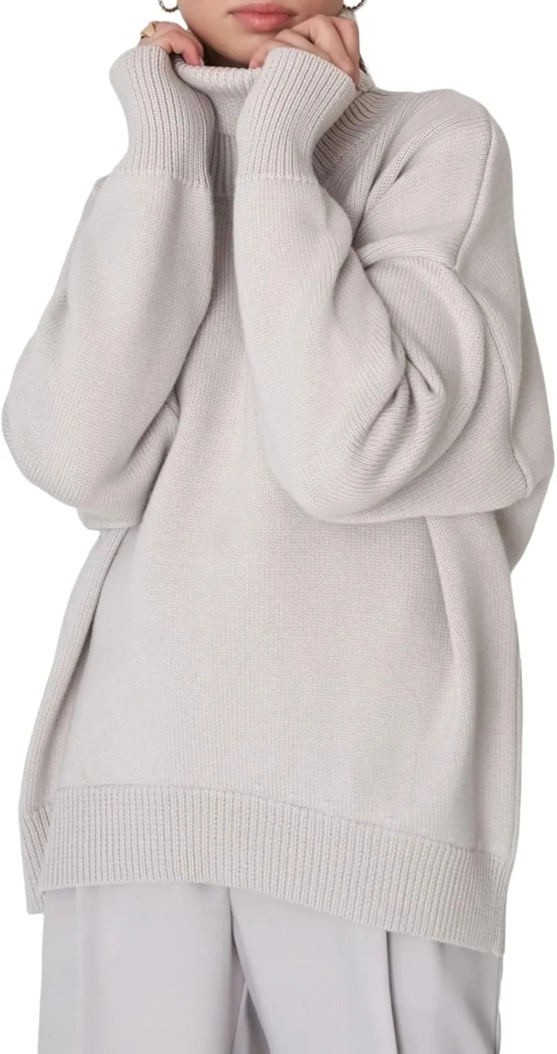 Women's Turtleneck Sweater Long Sleeve Ribbed Cable Knit Pullover Tops Comfy Oversized Solid Color Jumper Tops Knitwear