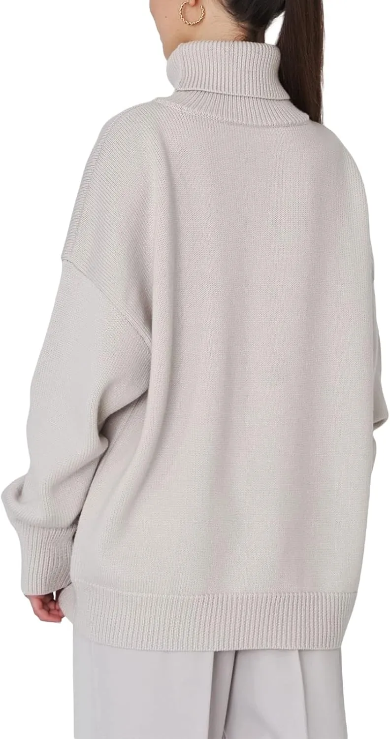 Women's Turtleneck Sweater Long Sleeve Ribbed Cable Knit Pullover Tops Comfy Oversized Solid Color Jumper Tops Knitwear