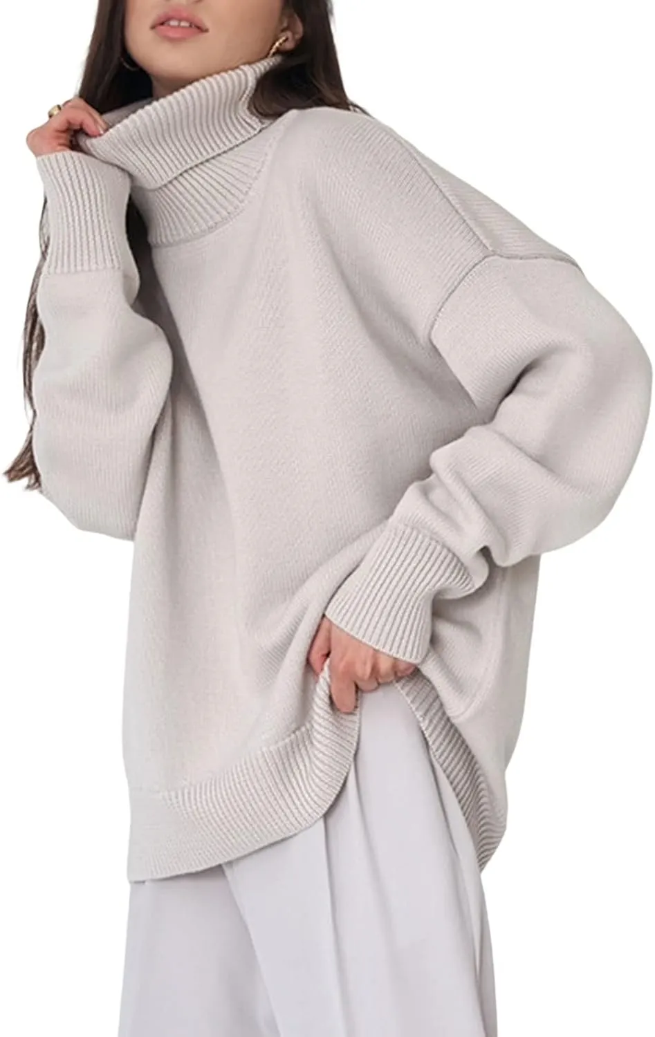 Women's Turtleneck Sweater Long Sleeve Ribbed Cable Knit Pullover Tops Comfy Oversized Solid Color Jumper Tops Knitwear