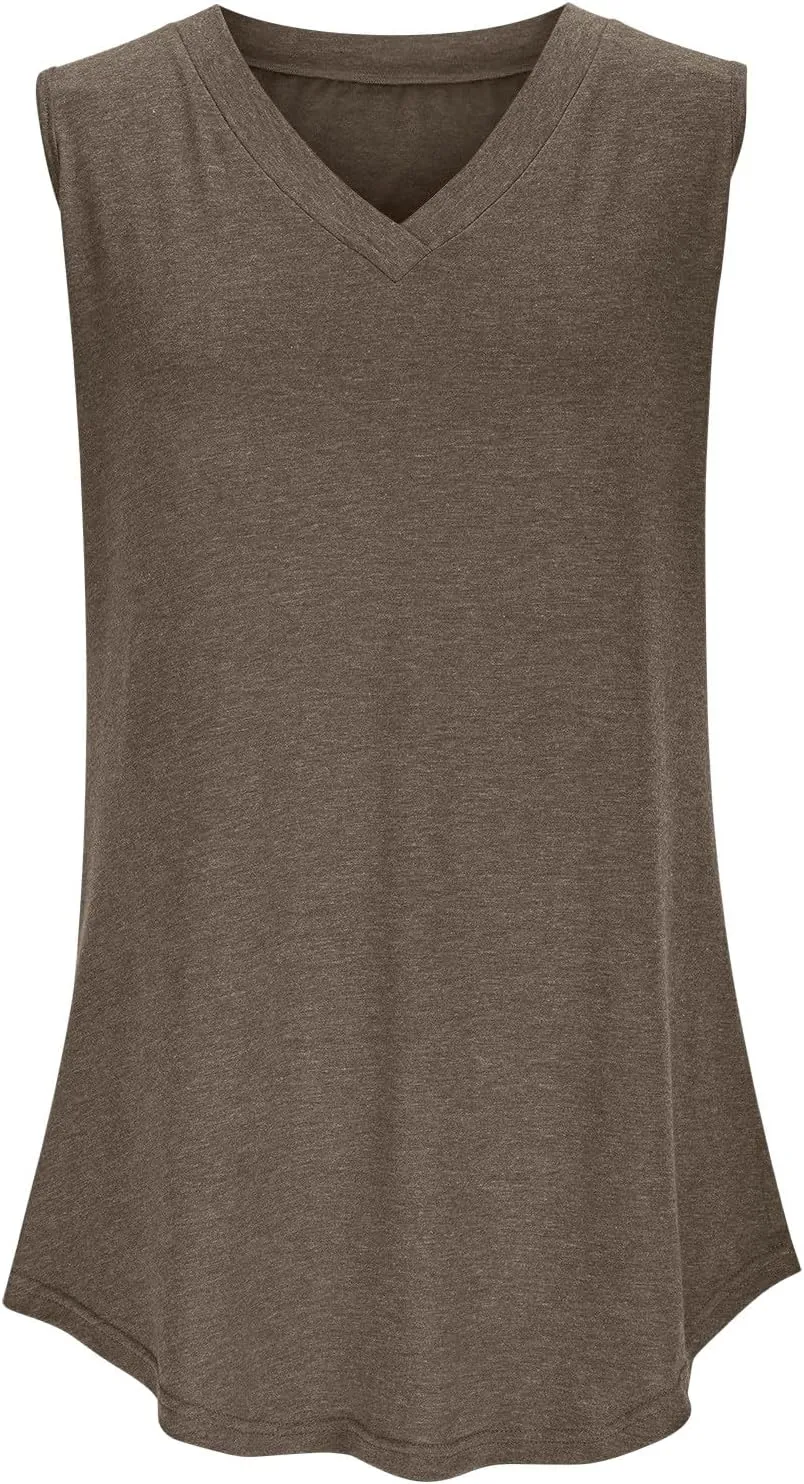Womens V Neck Tunic Tank Tops Sleeveless Solid Color Basic Tee Shirts Casual Flowy Summer Top Ladies Dressy Blouse