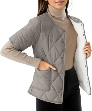 Womens Vintage Temperament Quilted Down Jacket Short Sleeve Single Breasted Overcoat Casual Warm Outwear with Pockets