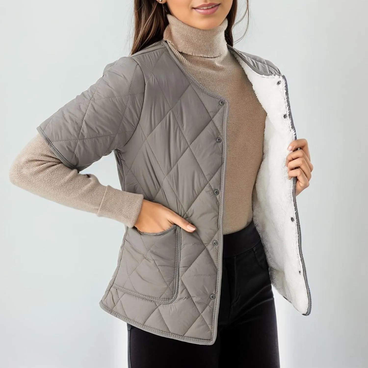 Womens Vintage Temperament Quilted Down Jacket Short Sleeve Single Breasted Overcoat Casual Warm Outwear with Pockets