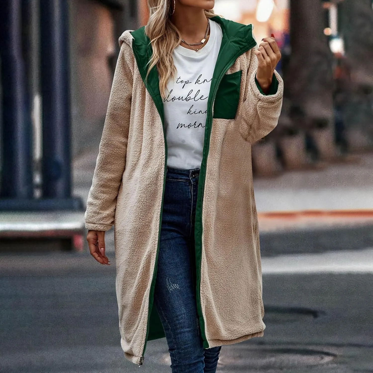 Womens Warm Winter Coats Sherpa Fleece Lined Hooded Jackets with Pockets Plush Reversible Long Overcoat