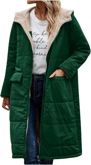 Womens Warm Winter Coats Sherpa Fleece Lined Hooded Jackets with Pockets Plush Reversible Long Overcoat