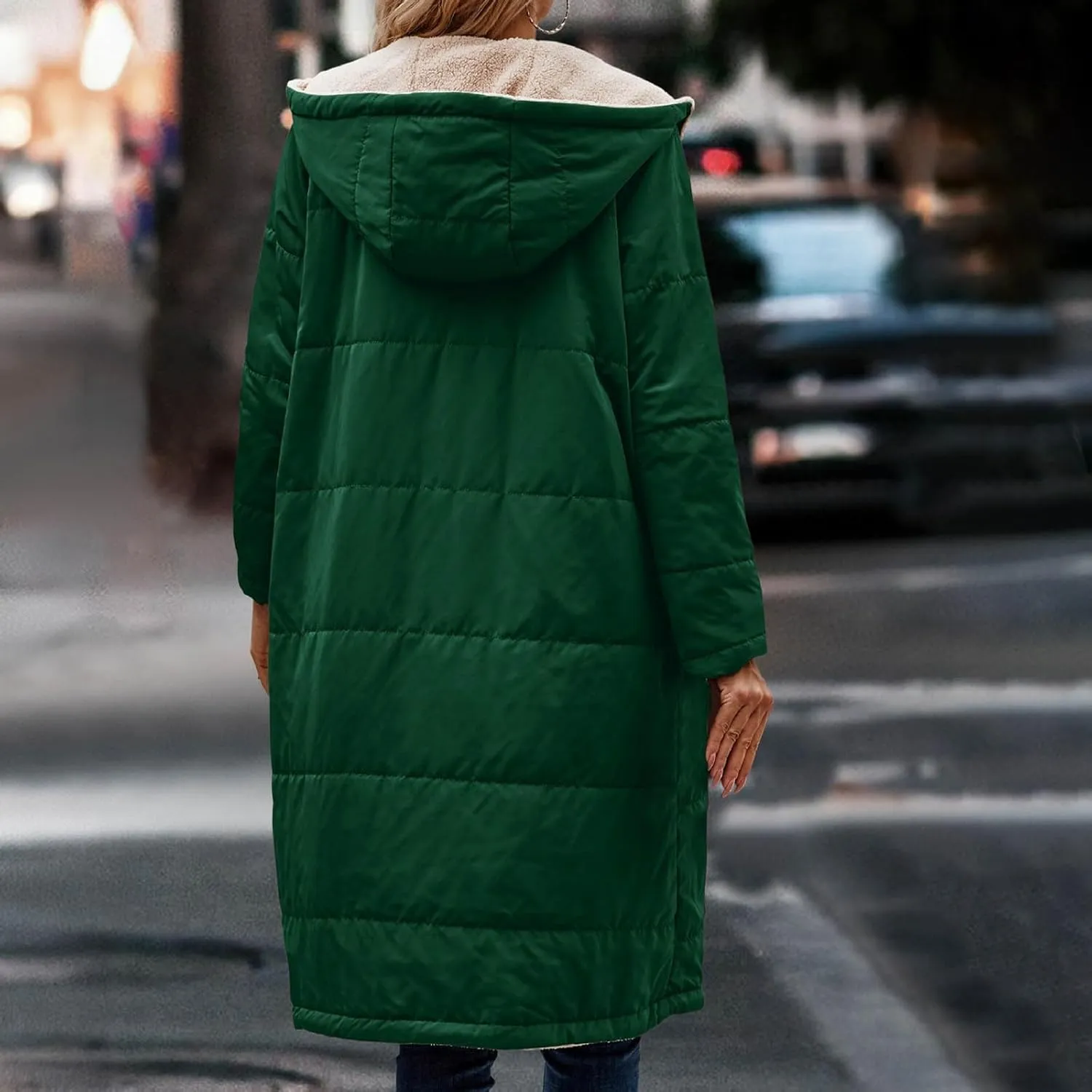 Womens Warm Winter Coats Sherpa Fleece Lined Hooded Jackets with Pockets Plush Reversible Long Overcoat