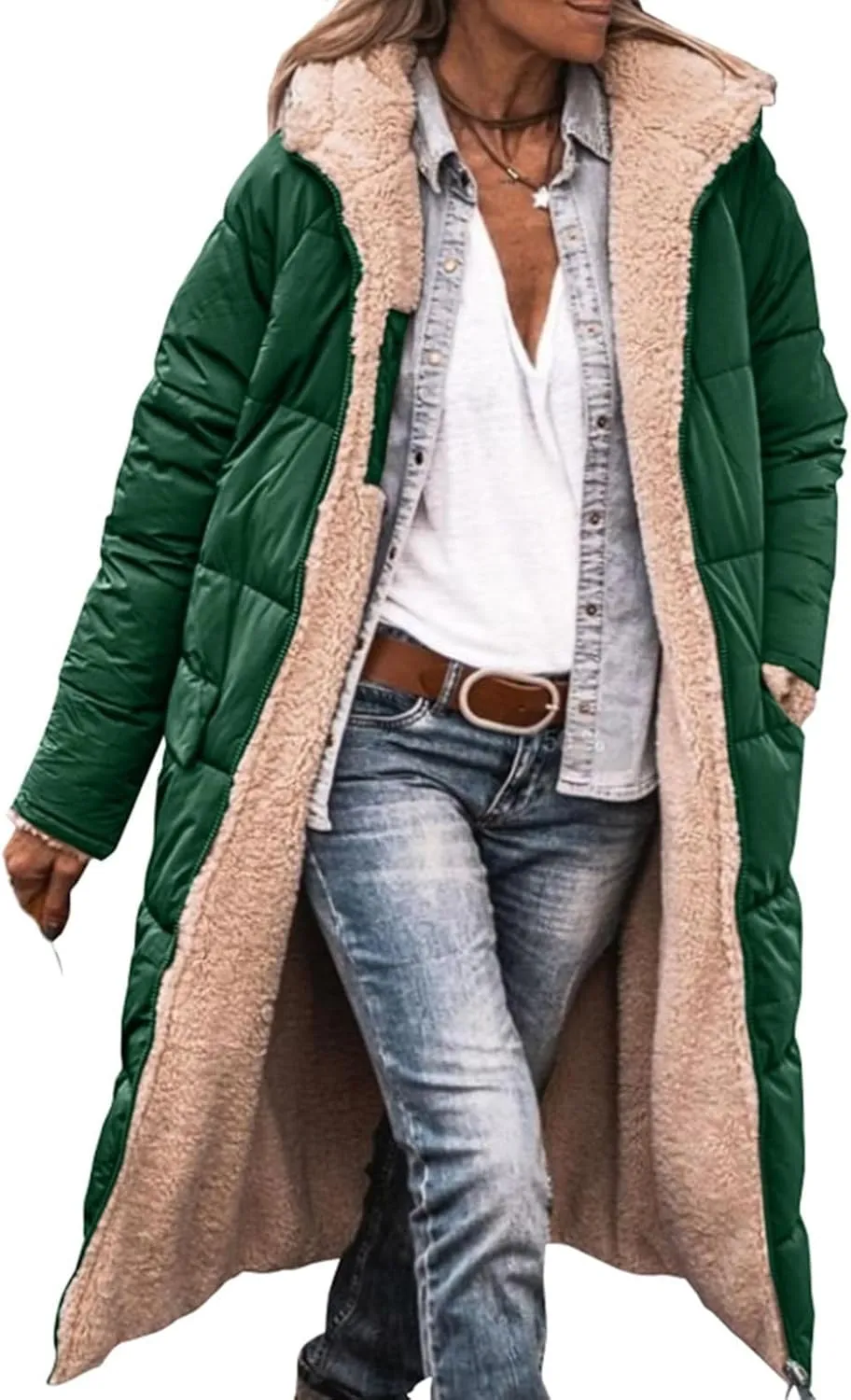 Womens Warm Winter Coats Sherpa Fleece Lined Hooded Jackets with Pockets Plush Reversible Long Overcoat