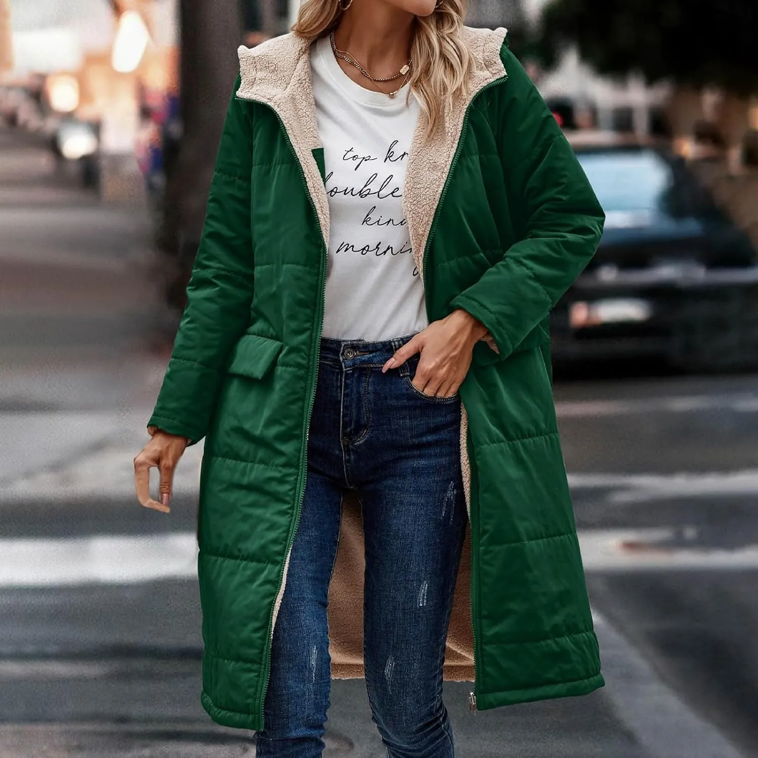 Womens Warm Winter Coats Sherpa Fleece Lined Hooded Jackets with Pockets Plush Reversible Long Overcoat