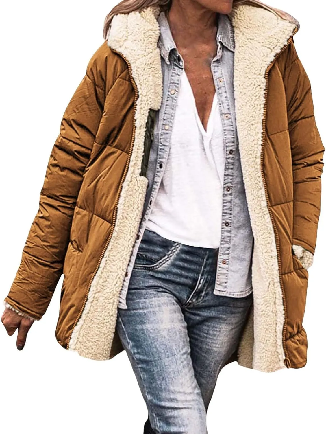 Womens Winter Coats Fleece Lined Thicken Puffer Jackets Sherpa Warm Waterproof Parka Outwear With Fur Hood