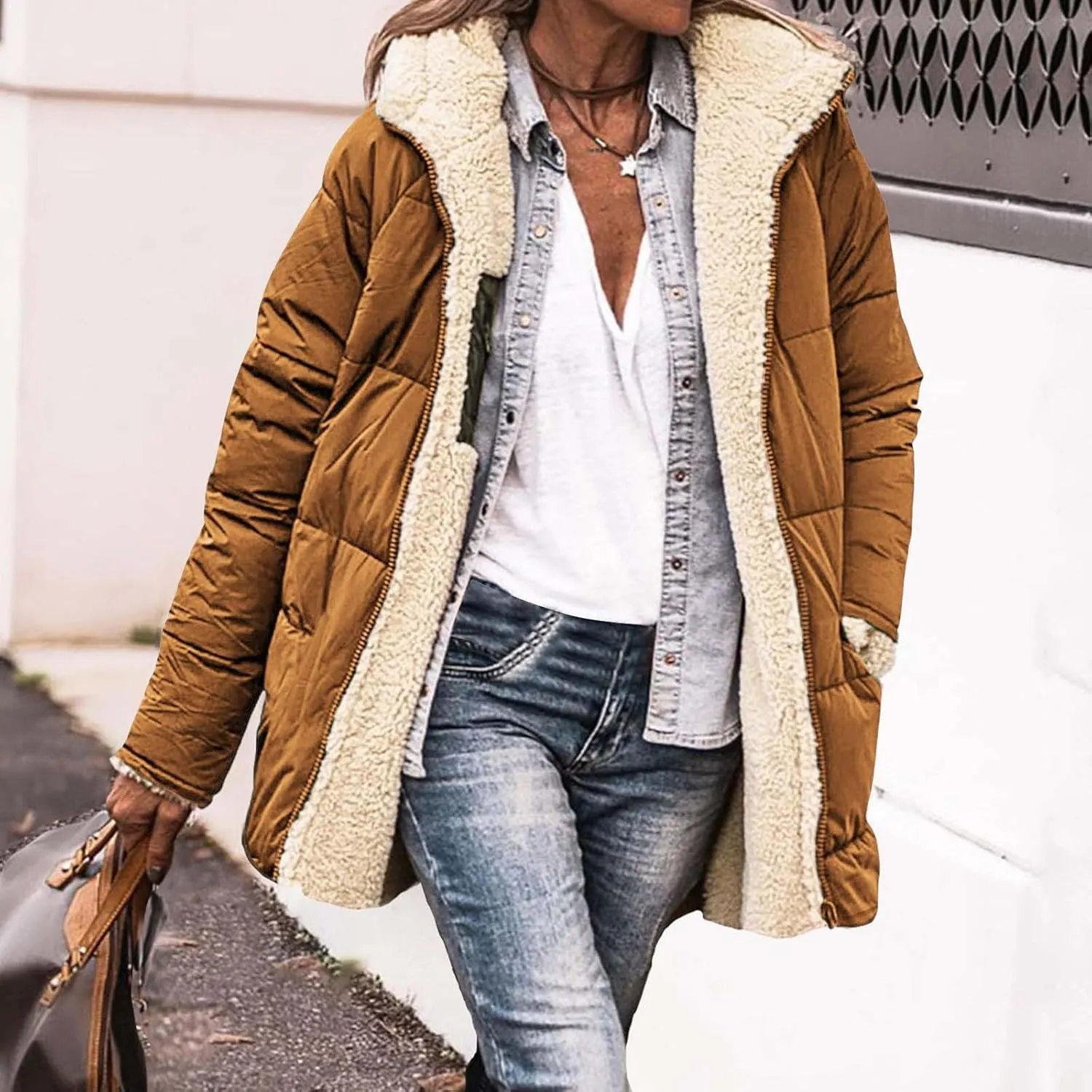 Womens Winter Coats Fleece Lined Thicken Puffer Jackets Sherpa Warm Waterproof Parka Outwear With Fur Hood