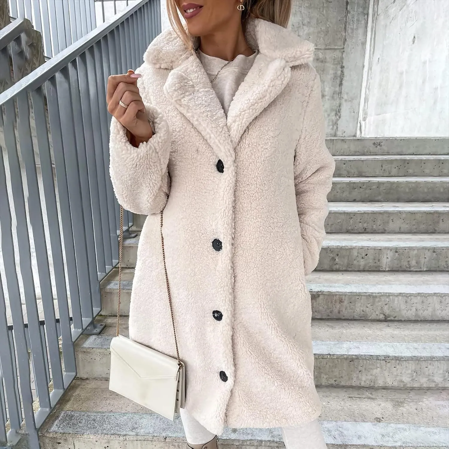 Womens Winter Coats Sherpa Fleece Overcoat Lapel Button Teddy Bear Jackets Warm Plush Mid Length Plus Size Outerwear
