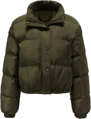 Women's Winter Long Sleeve Puffer Jacket Stand Collar Baggy Short Down Cropped Coats with Pockets Bubble Outerwear