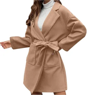Women's Winter Wool Blend Peacoat Lapel Outerwear Trendy Jacket Casual Elegant Business Long Trench Coats with Belt