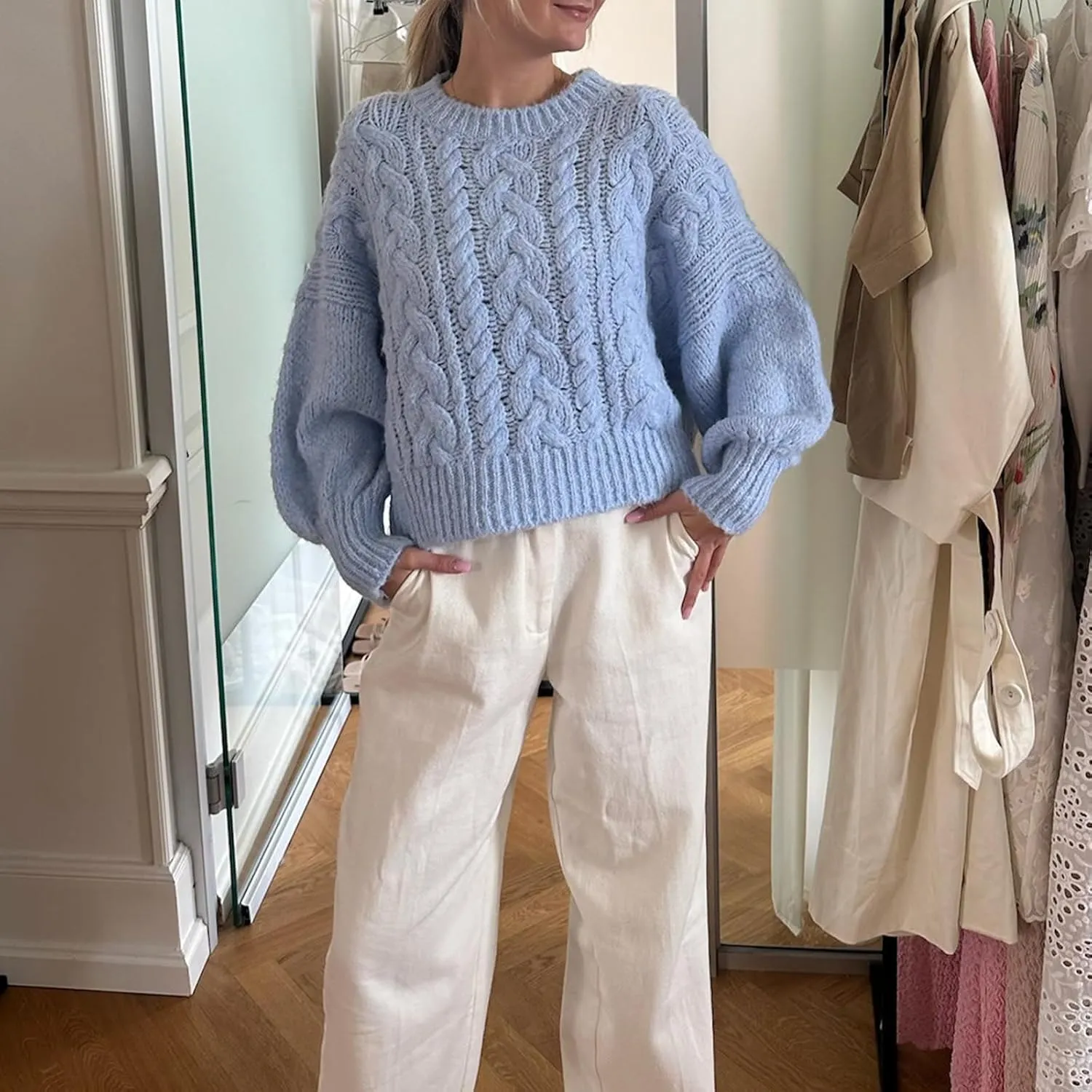 Women's Y2K Cable Knit Sweaters Chunky Long Sleeve Crewneck Cropped Pullover Sweater Tops Warm Jumper Tops Knitwear