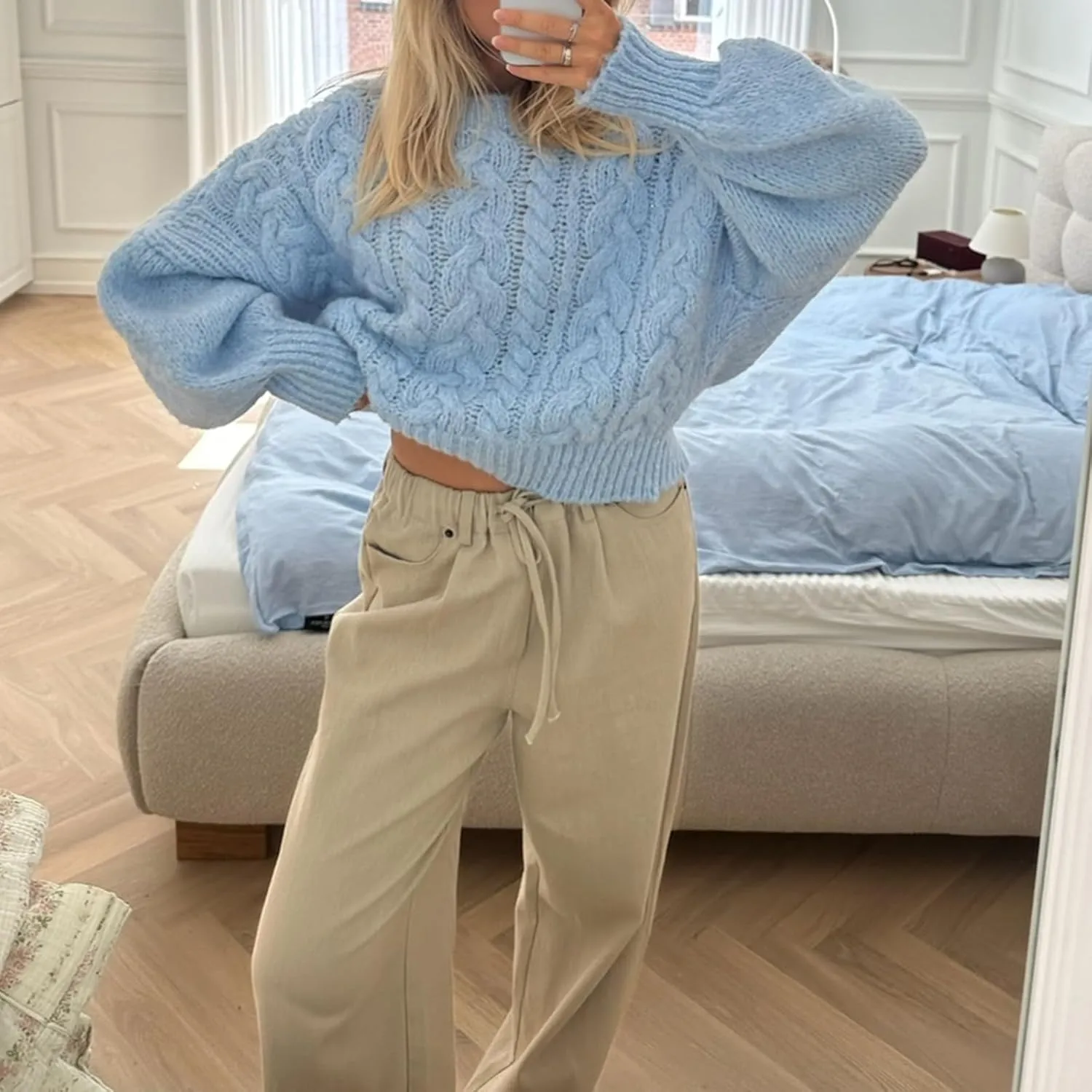 Women's Y2K Cable Knit Sweaters Chunky Long Sleeve Crewneck Cropped Pullover Sweater Tops Warm Jumper Tops Knitwear