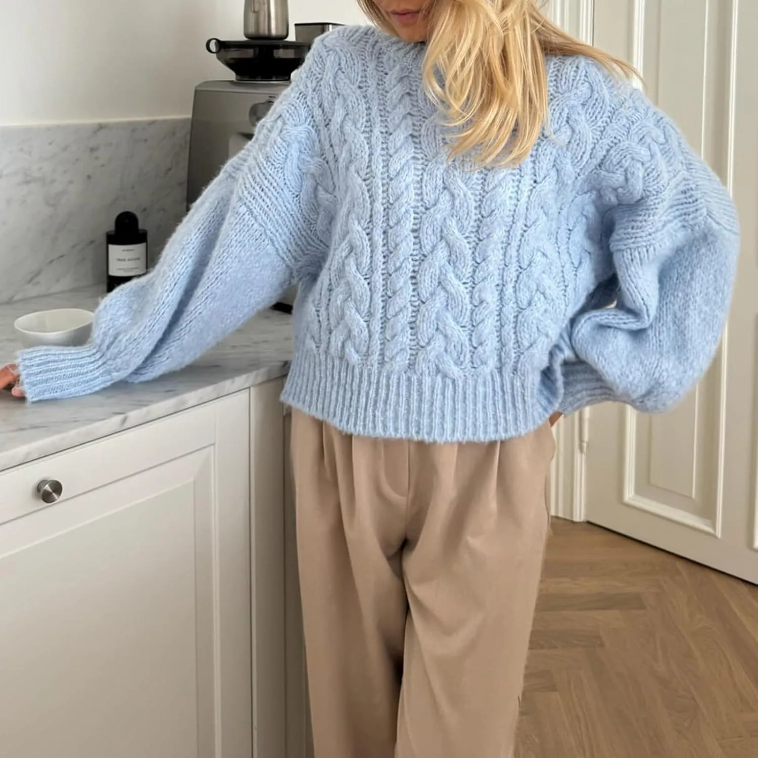 Women's Y2K Cable Knit Sweaters Chunky Long Sleeve Crewneck Cropped Pullover Sweater Tops Warm Jumper Tops Knitwear