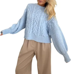 Women's Y2K Cable Knit Sweaters Chunky Long Sleeve Crewneck Cropped Pullover Sweater Tops Warm Jumper Tops Knitwear