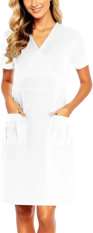 Working Dress for Women V Neck Wrap Knee Length Holiday Workwear Casual Short Sleeve Solid Color Dresses with Pockets
