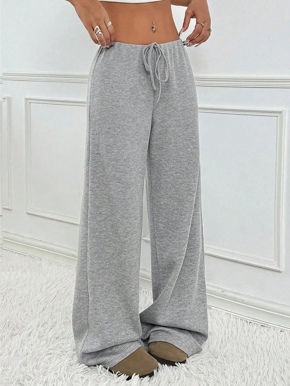 Wowcarbazole Women's Wide Leg Pants Striped Elastic High Waisted Casual Knit Palazzo Pants Drawstring Lounge Pajama Trousers
