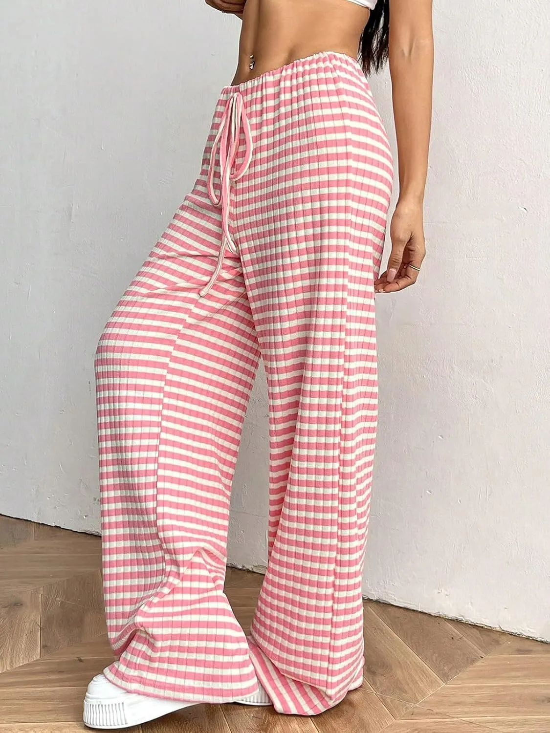 Wowcarbazole Women's Wide Leg Pants Striped Elastic High Waisted Casual Knit Palazzo Pants Drawstring Lounge Pajama Trousers