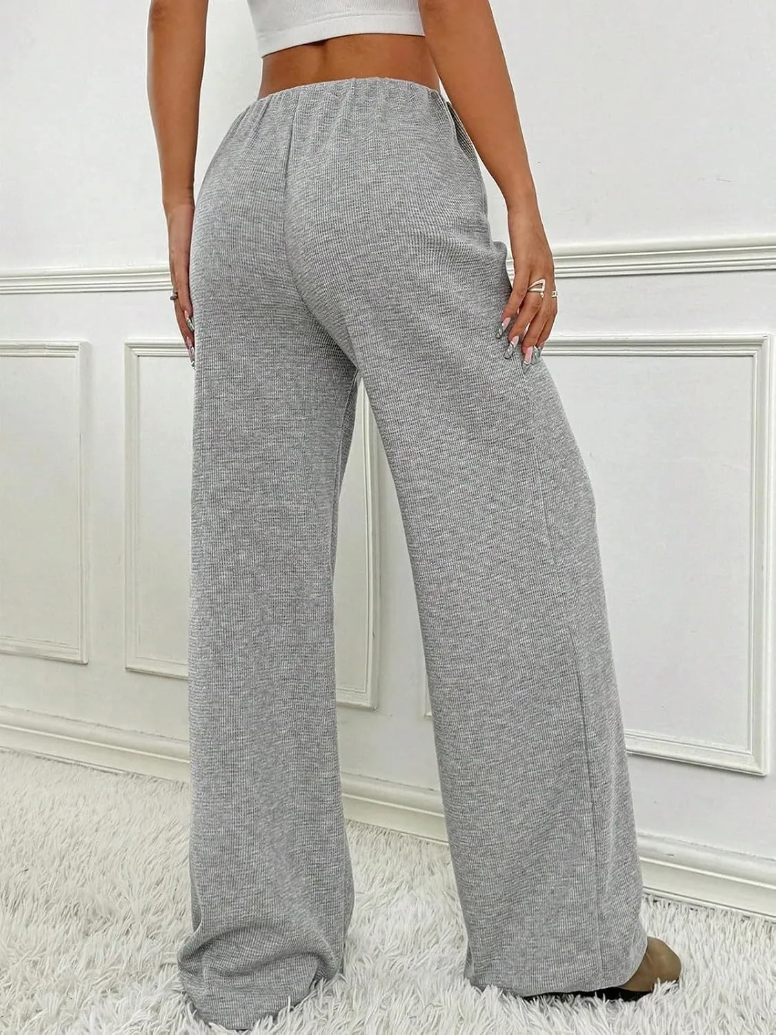 Wowcarbazole Women's Wide Leg Pants Striped Elastic High Waisted Casual Knit Palazzo Pants Drawstring Lounge Pajama Trousers