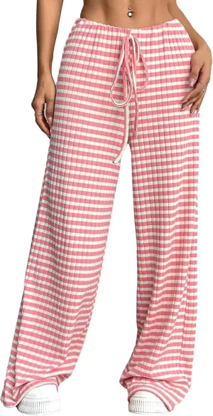 Wowcarbazole Women's Wide Leg Pants Striped Elastic High Waisted Casual Knit Palazzo Pants Drawstring Lounge Pajama Trousers