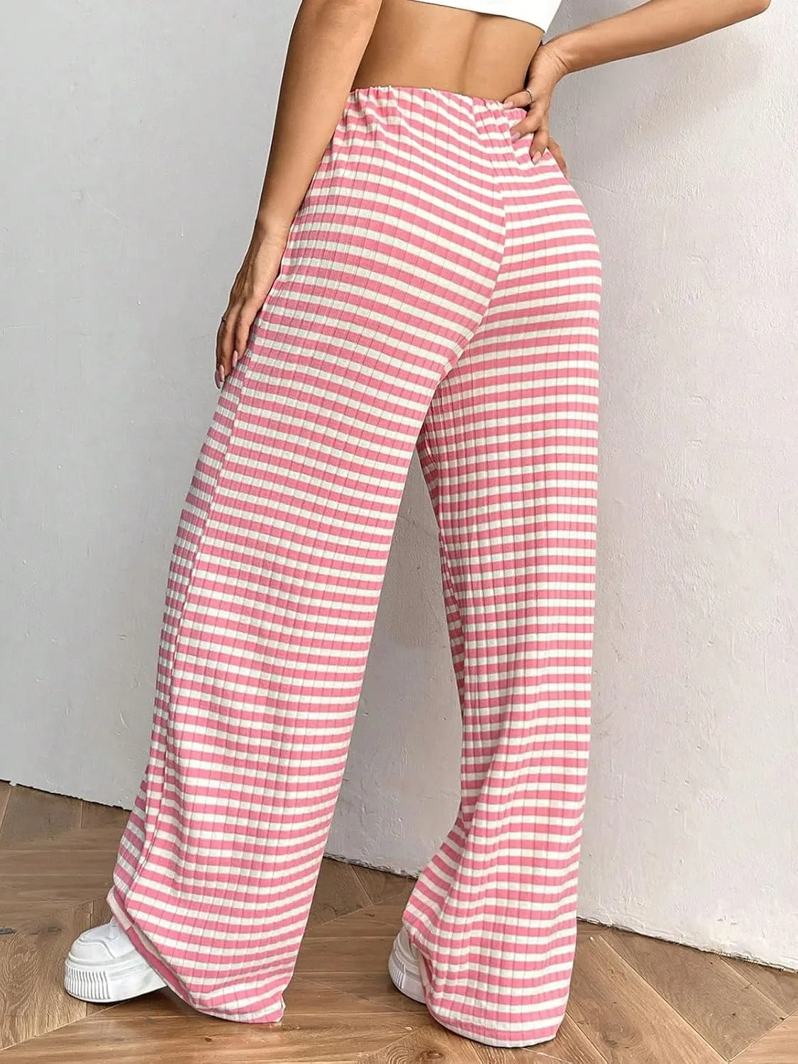 Wowcarbazole Women's Wide Leg Pants Striped Elastic High Waisted Casual Knit Palazzo Pants Drawstring Lounge Pajama Trousers