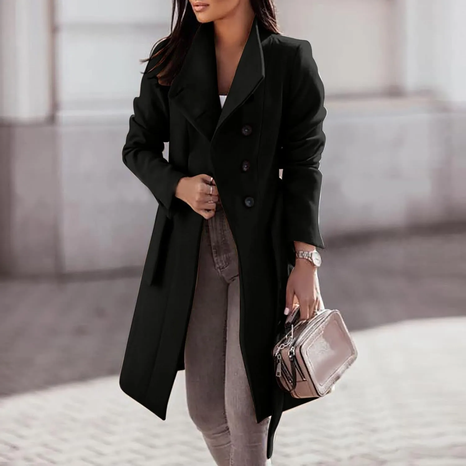XUNRYAN Trench Coats for Women Long Jackets Casual Button Single-breasted Peacoat Wool-Blend Solid Walking Coat Belted