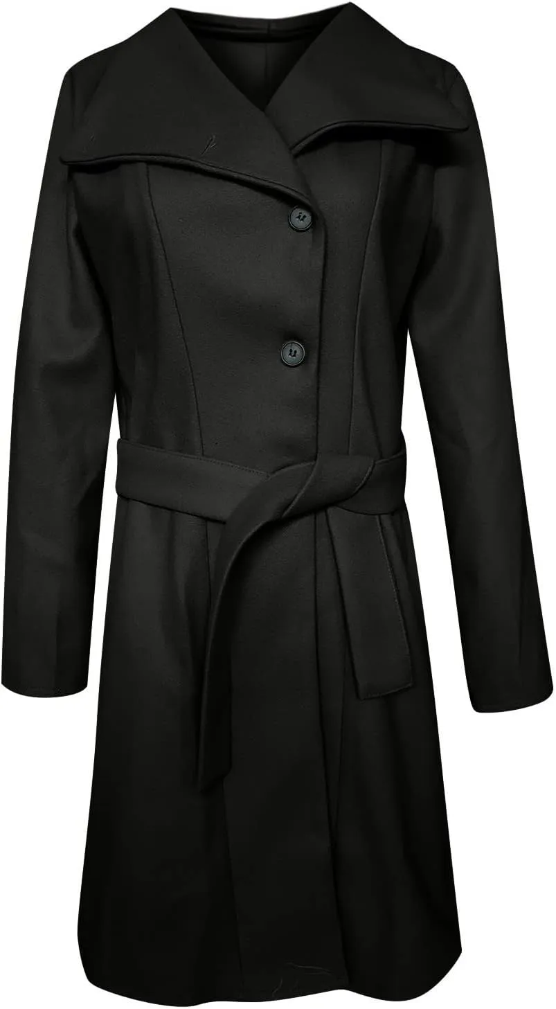 XUNRYAN Trench Coats for Women Long Jackets Casual Button Single-breasted Peacoat Wool-Blend Solid Walking Coat Belted