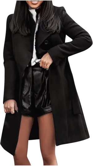 XUNRYAN Trench Coats for Women Long Jackets Casual Button Single-breasted Peacoat Wool-Blend Solid Walking Coat Belted