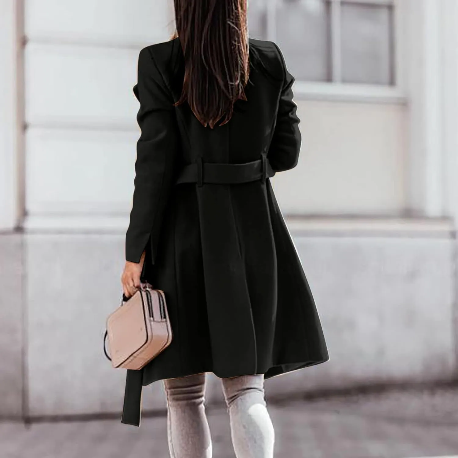 XUNRYAN Trench Coats for Women Long Jackets Casual Button Single-breasted Peacoat Wool-Blend Solid Walking Coat Belted
