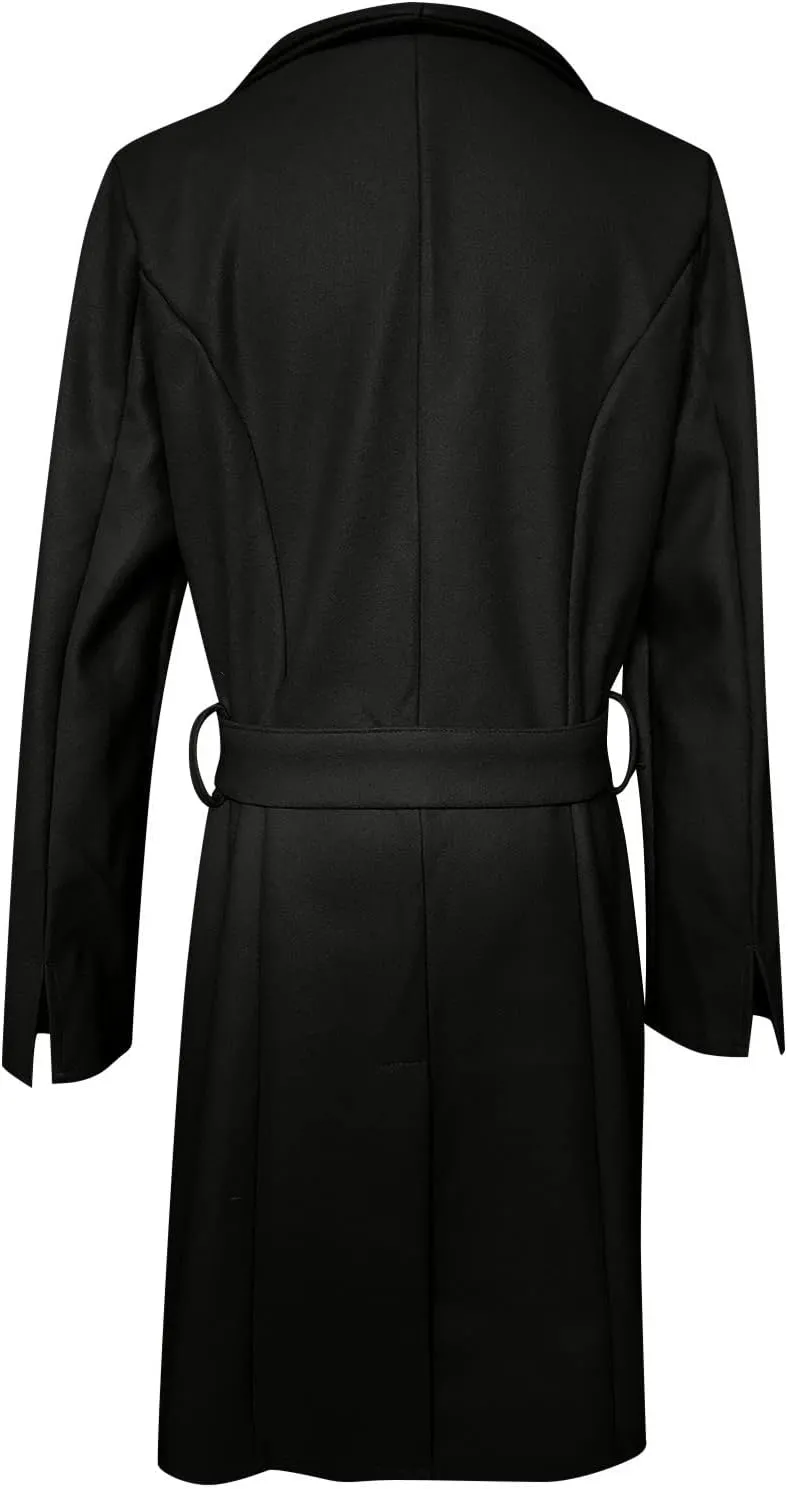 XUNRYAN Trench Coats for Women Long Jackets Casual Button Single-breasted Peacoat Wool-Blend Solid Walking Coat Belted