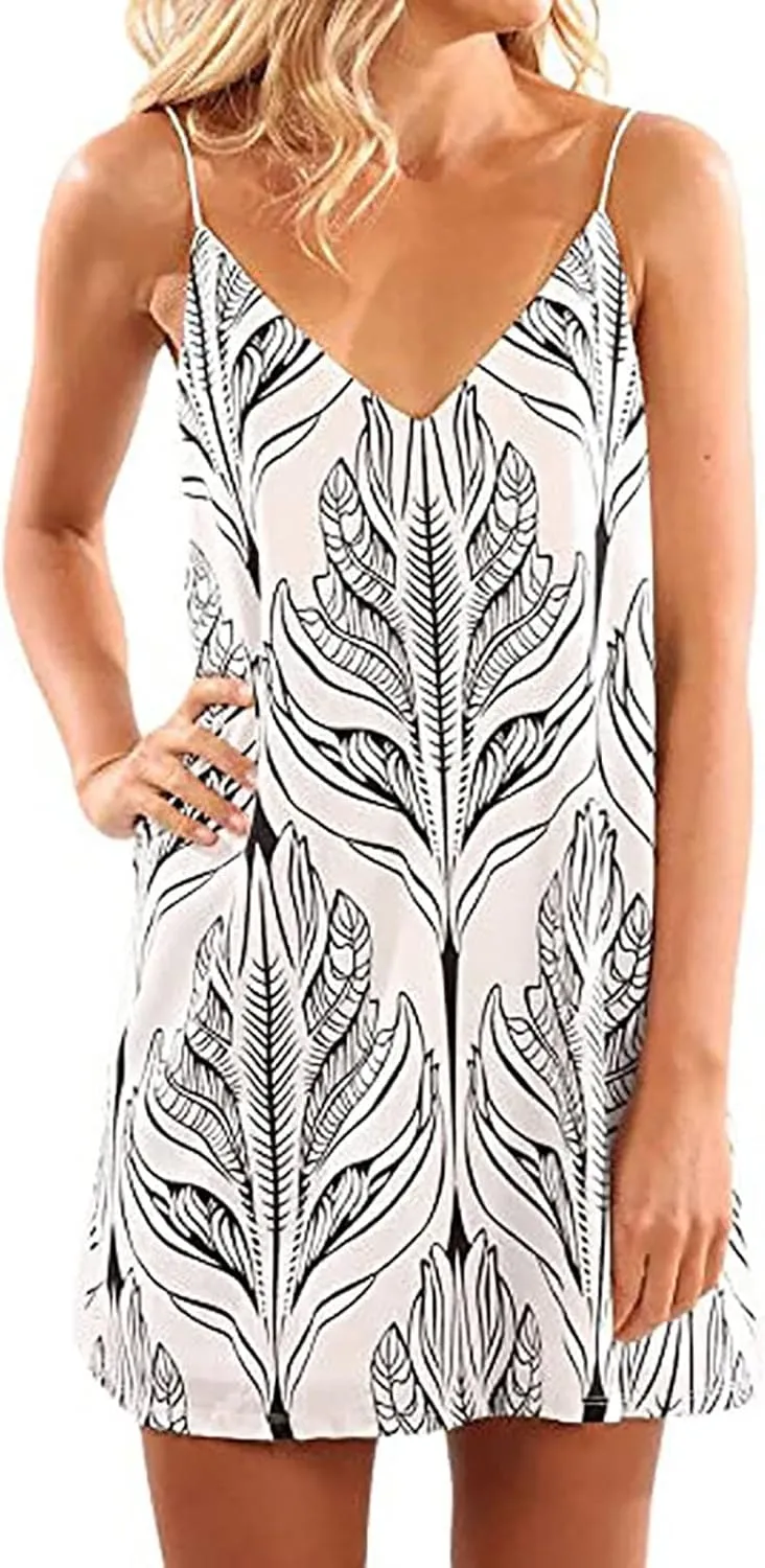 YLWX Spaghetti Strap V-neck Night Dress, Short Casual Boho Slip Dresses, Shift Summer Beach Dress Sleepwear for Women