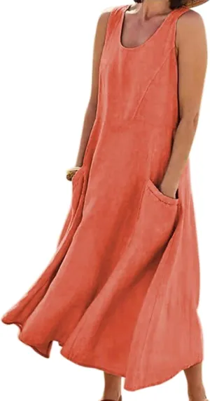 yoeasy Women's Cotton Linen Casual Loose Pockets Long Dress Plain Sleeveless Tank Dress