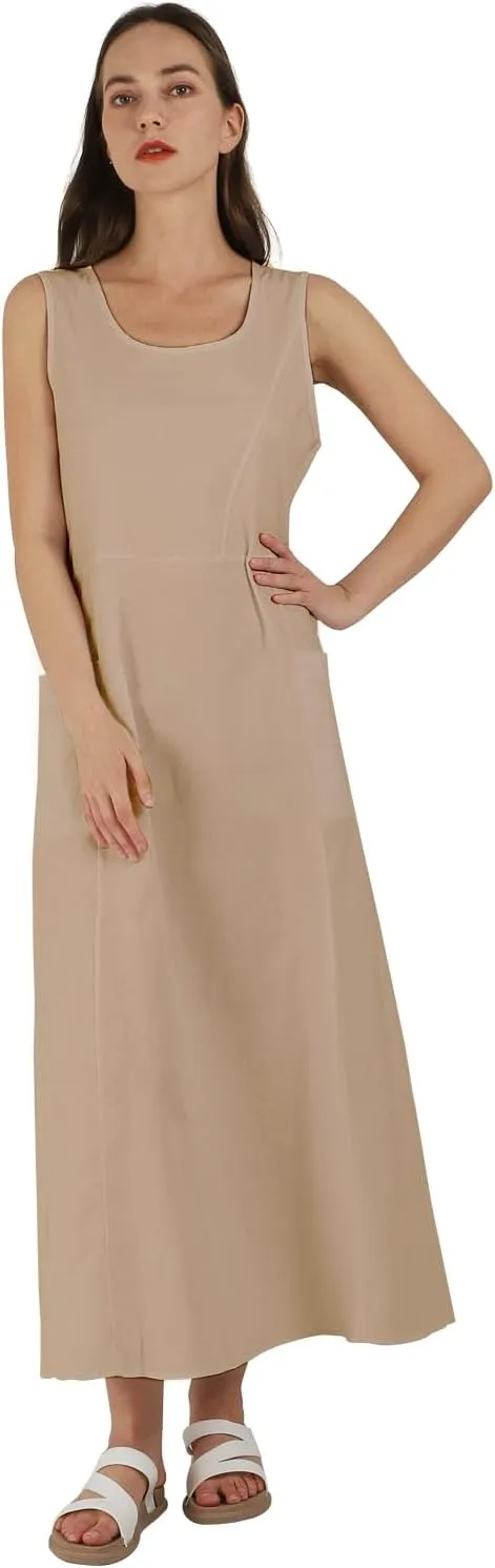yoeasy Women's Cotton Linen Casual Loose Pockets Long Dress Plain Sleeveless Tank Dress