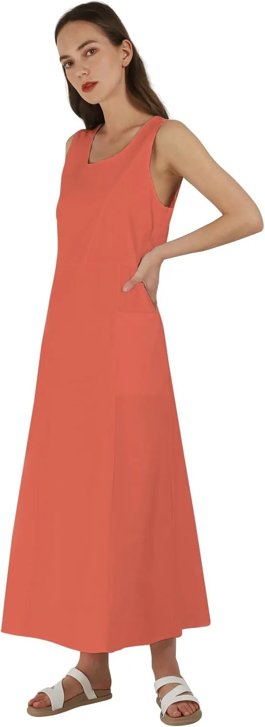 yoeasy Women's Cotton Linen Casual Loose Pockets Long Dress Plain Sleeveless Tank Dress