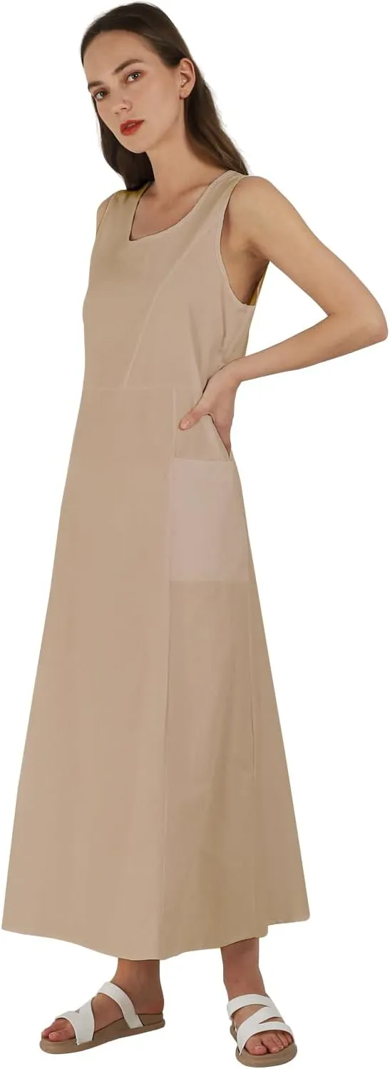 yoeasy Women's Cotton Linen Casual Loose Pockets Long Dress Plain Sleeveless Tank Dress