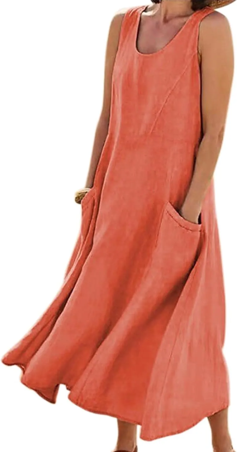 yoeasy Women's Cotton Linen Casual Loose Pockets Long Dress Plain Sleeveless Tank Dress