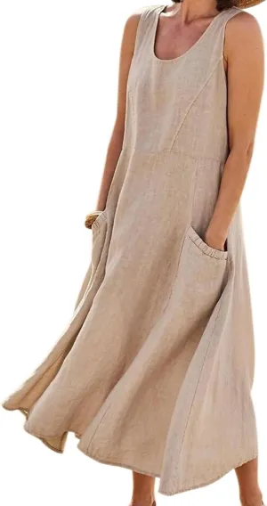 yoeasy Women's Cotton Linen Casual Loose Pockets Long Dress Plain Sleeveless Tank Dress