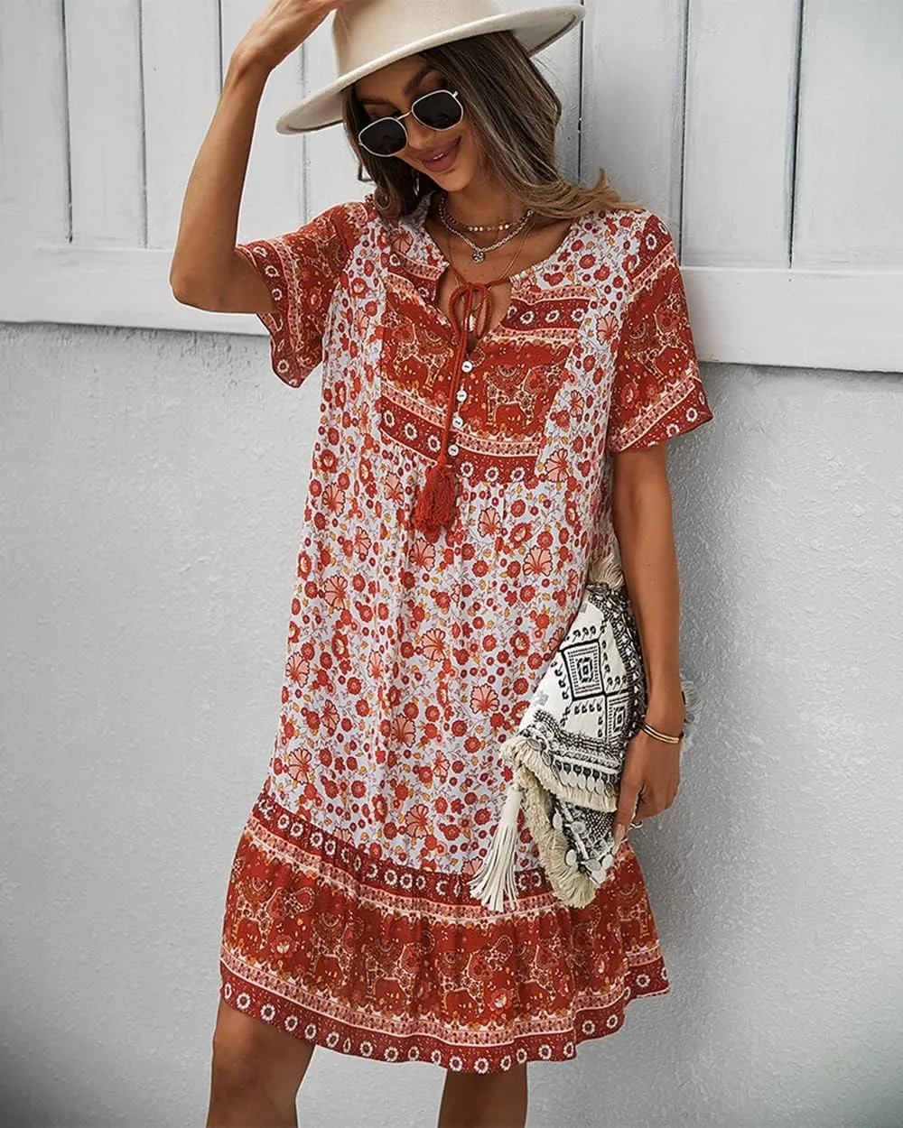 YOXUA Women's Floral Print Short Sleeve Lace Up V Neck Loose Boho Swing Summer Dresses