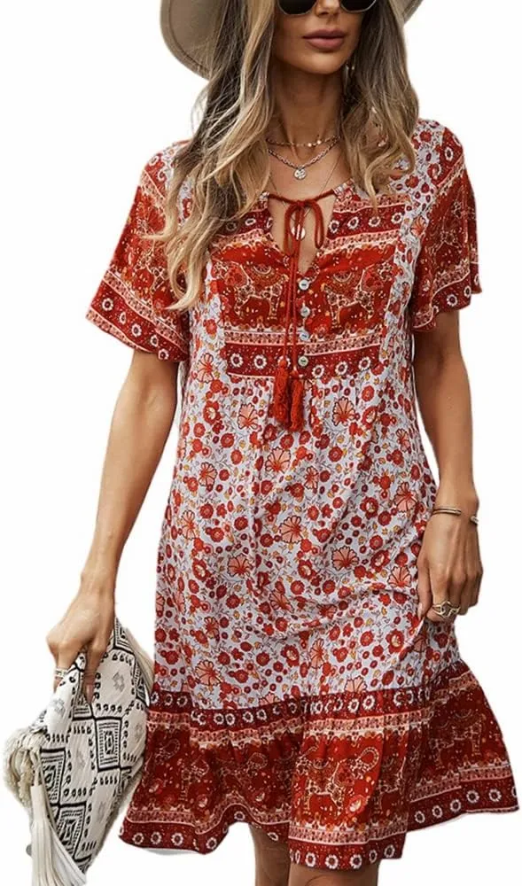 YOXUA Women's Floral Print Short Sleeve Lace Up V Neck Loose Boho Swing Summer Dresses