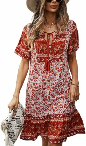 YOXUA Women's Floral Print Short Sleeve Lace Up V Neck Loose Boho Swing Summer Dresses