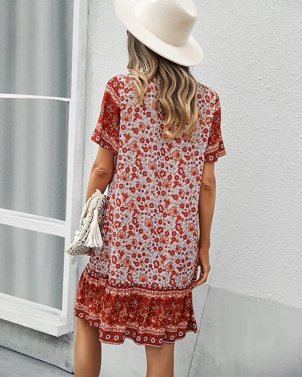 YOXUA Women's Floral Print Short Sleeve Lace Up V Neck Loose Boho Swing Summer Dresses
