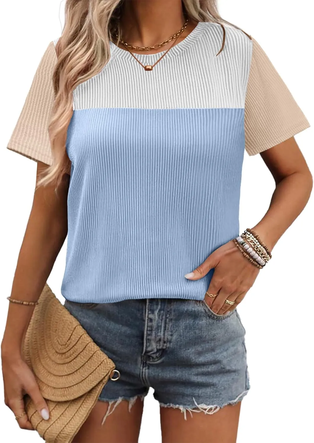 Zeagoo Womens Casual Summer Tops Short Sleeve T Shirts Crewneck Basic Tees Blouses Color Block Tunic Tops