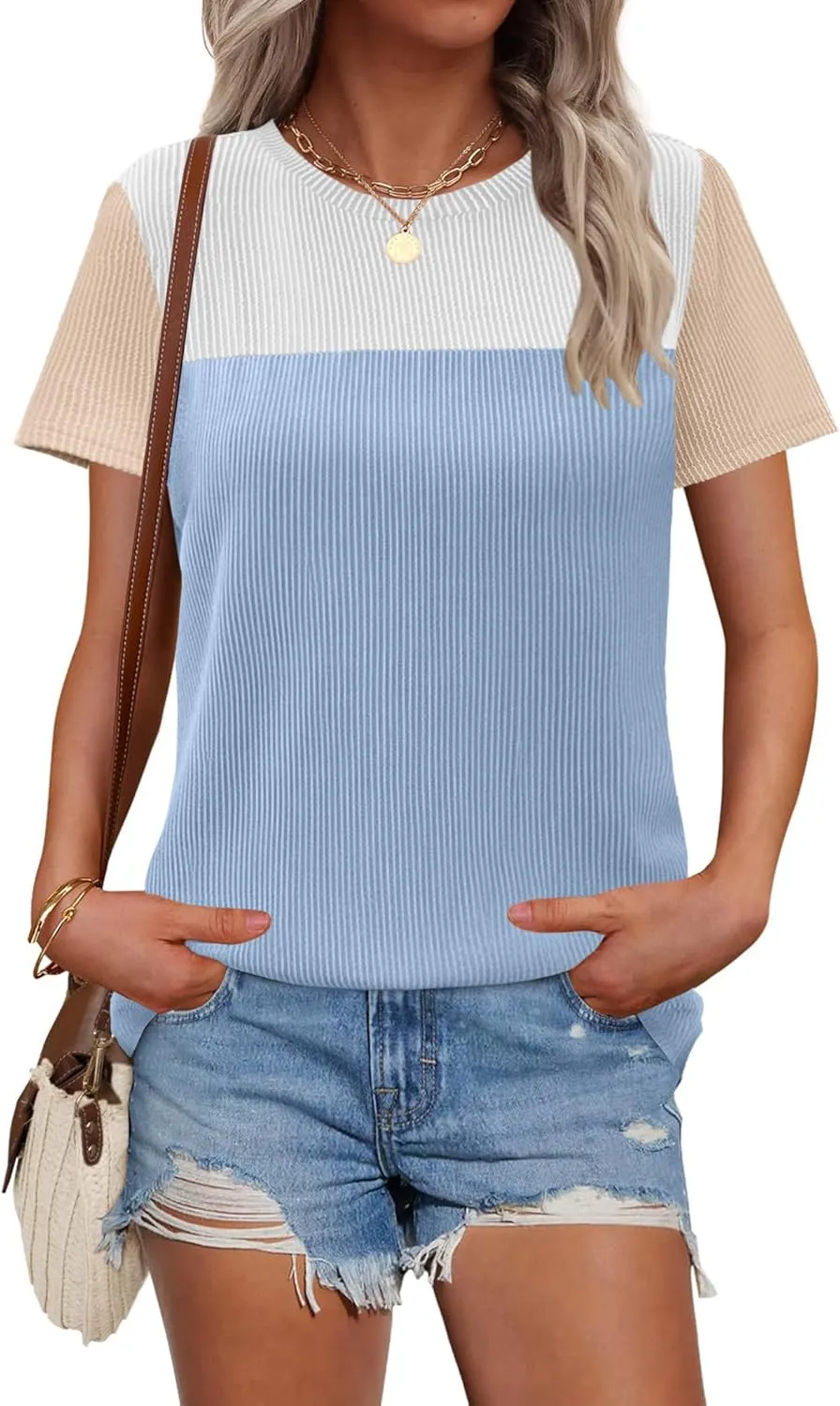 Zeagoo Womens Casual Summer Tops Short Sleeve T Shirts Crewneck Basic Tees Blouses Color Block Tunic Tops