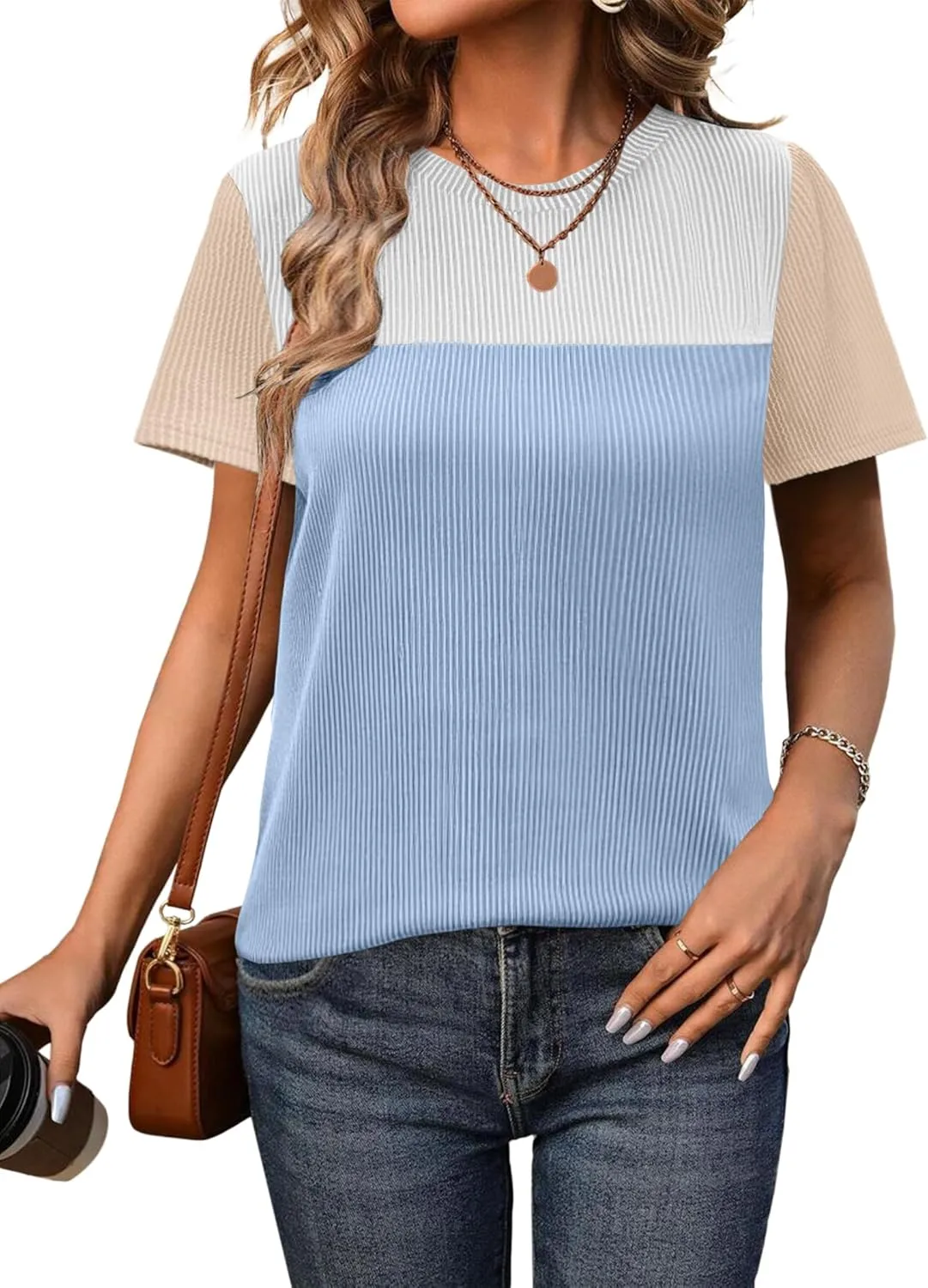 Zeagoo Womens Casual Summer Tops Short Sleeve T Shirts Crewneck Basic Tees Blouses Color Block Tunic Tops