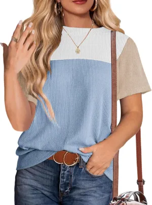 Zeagoo Womens Casual Summer Tops Short Sleeve T Shirts Crewneck Basic Tees Blouses Color Block Tunic Tops