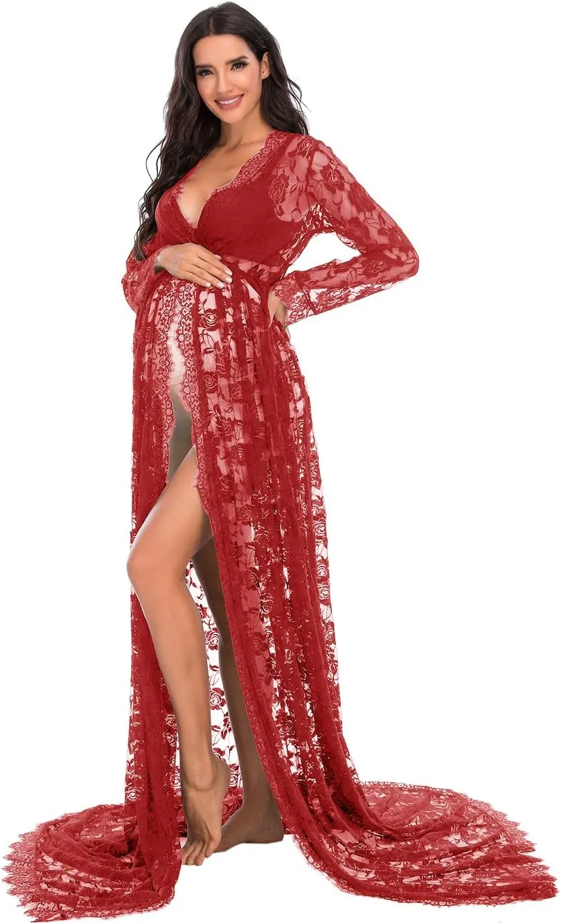 ZIUMUDY Maternity Deep V-Neck Split Front See-Through Maxi Lace Dress for Photography with Long Sleeve