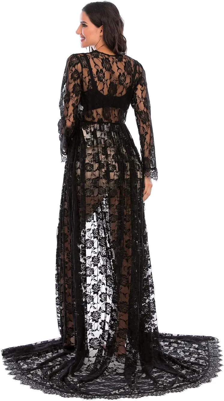ZIUMUDY Maternity Deep V-Neck Split Front See-Through Maxi Lace Dress for Photography with Long Sleeve